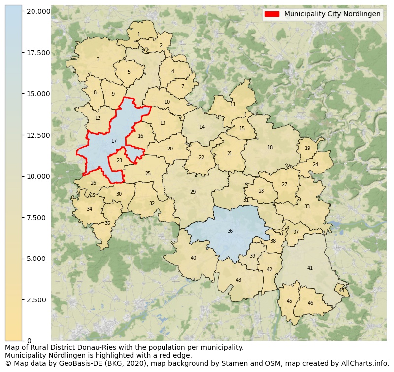 Map of Rural district Donau-Ries with the population per municipality.Municipality Nördlingen is highlighted with a red edge.. This page shows a lot of information about residents (such as the distribution by age groups, family composition, gender, native or German with an immigration background, ...), homes (numbers, types, price development, use, type of property, ...) and more (car ownership, energy consumption, ...) based on open data from the German Federal Agency for Cartography, the Federal Statistical Office (DESTATIS), the Regional Statistical Offices and various other sources!