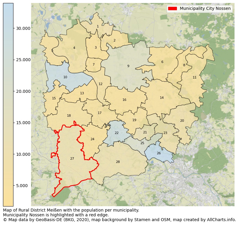 Map of Rural district Meißen with the population per municipality.Municipality Nossen is highlighted with a red edge.. This page shows a lot of information about residents (such as the distribution by age groups, family composition, gender, native or German with an immigration background, ...), homes (numbers, types, price development, use, type of property, ...) and more (car ownership, energy consumption, ...) based on open data from the German Federal Agency for Cartography, the Federal Statistical Office (DESTATIS), the Regional Statistical Offices and various other sources!