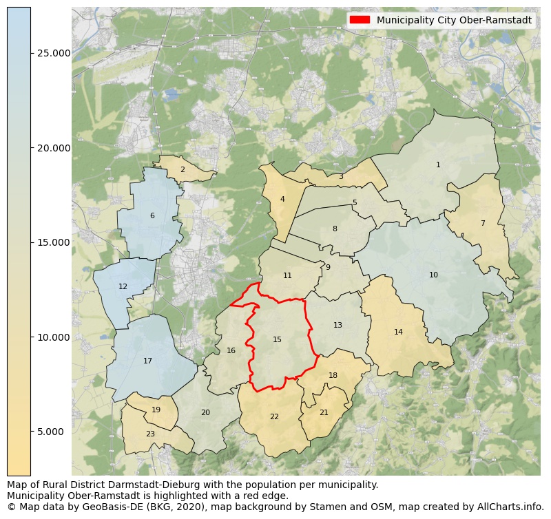 Map of Rural district Darmstadt-Dieburg with the population per municipality.Municipality Ober-Ramstadt is highlighted with a red edge.. This page shows a lot of information about residents (such as the distribution by age groups, family composition, gender, native or German with an immigration background, ...), homes (numbers, types, price development, use, type of property, ...) and more (car ownership, energy consumption, ...) based on open data from the German Federal Agency for Cartography, the Federal Statistical Office (DESTATIS), the Regional Statistical Offices and various other sources!