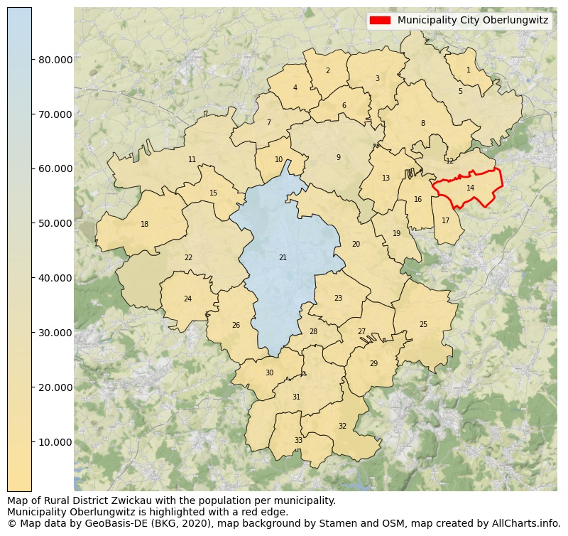 Map of Rural district Zwickau with the population per municipality.Municipality Oberlungwitz is highlighted with a red edge.. This page shows a lot of information about residents (such as the distribution by age groups, family composition, gender, native or German with an immigration background, ...), homes (numbers, types, price development, use, type of property, ...) and more (car ownership, energy consumption, ...) based on open data from the German Federal Agency for Cartography, the Federal Statistical Office (DESTATIS), the Regional Statistical Offices and various other sources!