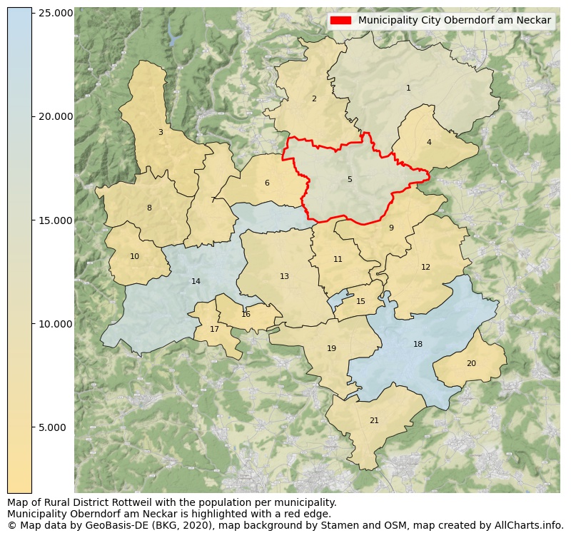 Map of Rural district Rottweil with the population per municipality.Municipality Oberndorf am Neckar is highlighted with a red edge.. This page shows a lot of information about residents (such as the distribution by age groups, family composition, gender, native or German with an immigration background, ...), homes (numbers, types, price development, use, type of property, ...) and more (car ownership, energy consumption, ...) based on open data from the German Federal Agency for Cartography, the Federal Statistical Office (DESTATIS), the Regional Statistical Offices and various other sources!