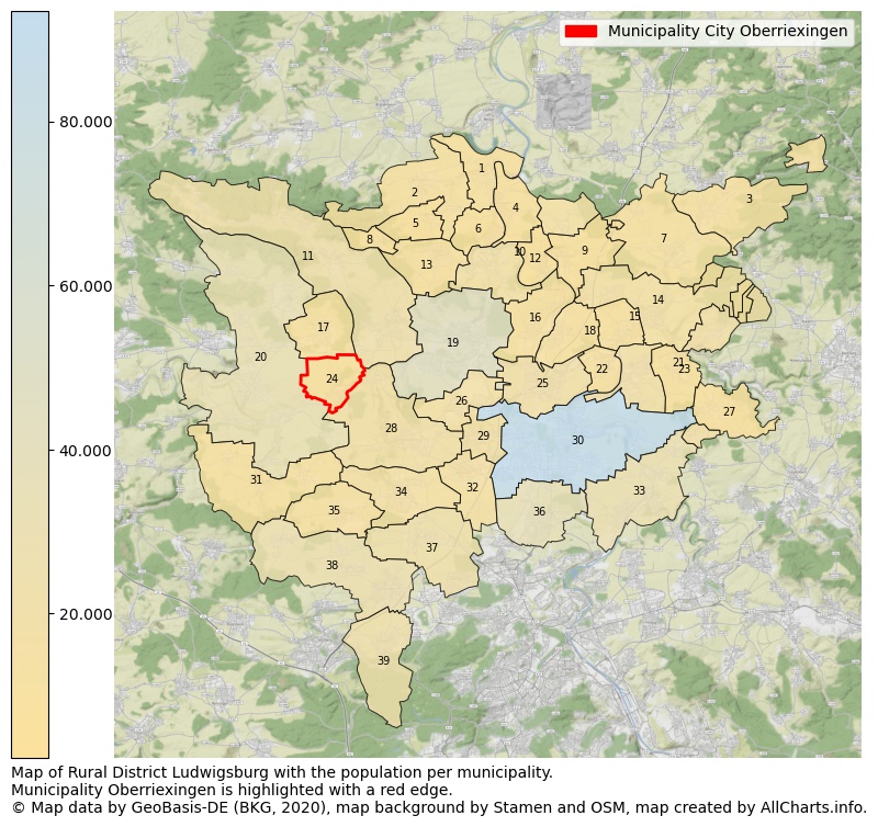 Map of Rural district Ludwigsburg with the population per municipality.Municipality Oberriexingen is highlighted with a red edge.. This page shows a lot of information about residents (such as the distribution by age groups, family composition, gender, native or German with an immigration background, ...), homes (numbers, types, price development, use, type of property, ...) and more (car ownership, energy consumption, ...) based on open data from the German Federal Agency for Cartography, the Federal Statistical Office (DESTATIS), the Regional Statistical Offices and various other sources!