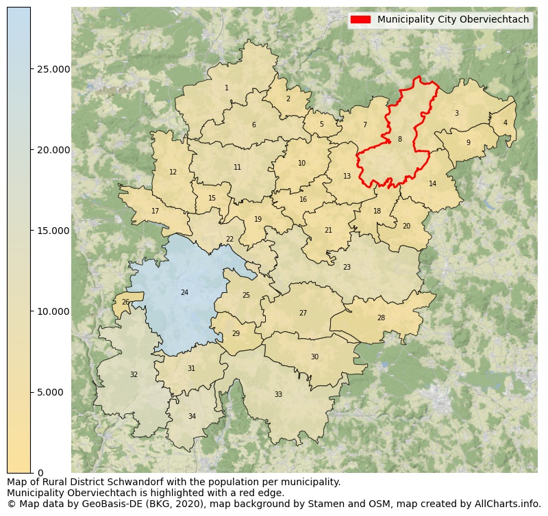 Map of Rural district Schwandorf with the population per municipality.Municipality Oberviechtach is highlighted with a red edge.. This page shows a lot of information about residents (such as the distribution by age groups, family composition, gender, native or German with an immigration background, ...), homes (numbers, types, price development, use, type of property, ...) and more (car ownership, energy consumption, ...) based on open data from the German Federal Agency for Cartography, the Federal Statistical Office (DESTATIS), the Regional Statistical Offices and various other sources!