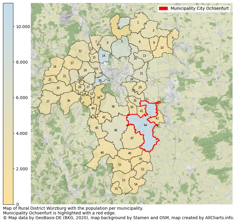 Map of Rural district Würzburg with the population per municipality.Municipality Ochsenfurt is highlighted with a red edge.. This page shows a lot of information about residents (such as the distribution by age groups, family composition, gender, native or German with an immigration background, ...), homes (numbers, types, price development, use, type of property, ...) and more (car ownership, energy consumption, ...) based on open data from the German Federal Agency for Cartography, the Federal Statistical Office (DESTATIS), the Regional Statistical Offices and various other sources!