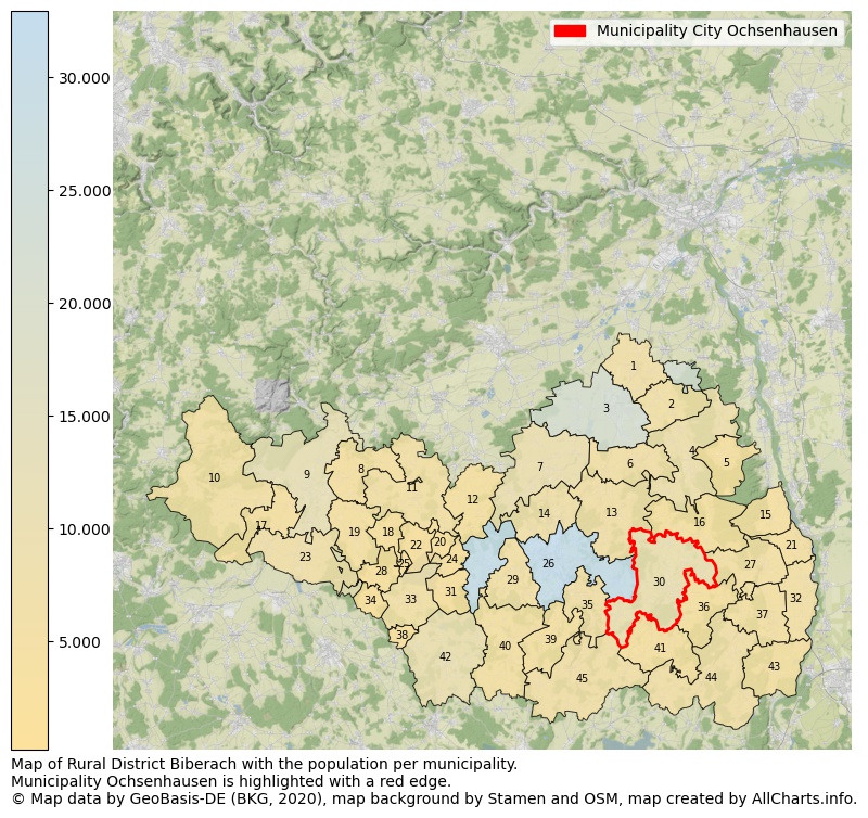 Map of Rural district Biberach with the population per municipality.Municipality Ochsenhausen is highlighted with a red edge.. This page shows a lot of information about residents (such as the distribution by age groups, family composition, gender, native or German with an immigration background, ...), homes (numbers, types, price development, use, type of property, ...) and more (car ownership, energy consumption, ...) based on open data from the German Federal Agency for Cartography, the Federal Statistical Office (DESTATIS), the Regional Statistical Offices and various other sources!
