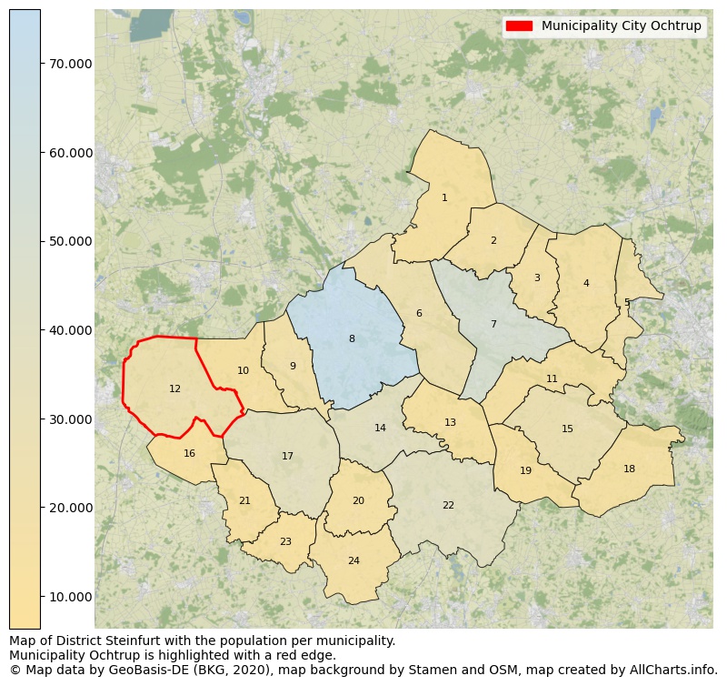 Map of District Steinfurt with the population per municipality.Municipality Ochtrup is highlighted with a red edge.. This page shows a lot of information about residents (such as the distribution by age groups, family composition, gender, native or German with an immigration background, ...), homes (numbers, types, price development, use, type of property, ...) and more (car ownership, energy consumption, ...) based on open data from the German Federal Agency for Cartography, the Federal Statistical Office (DESTATIS), the Regional Statistical Offices and various other sources!