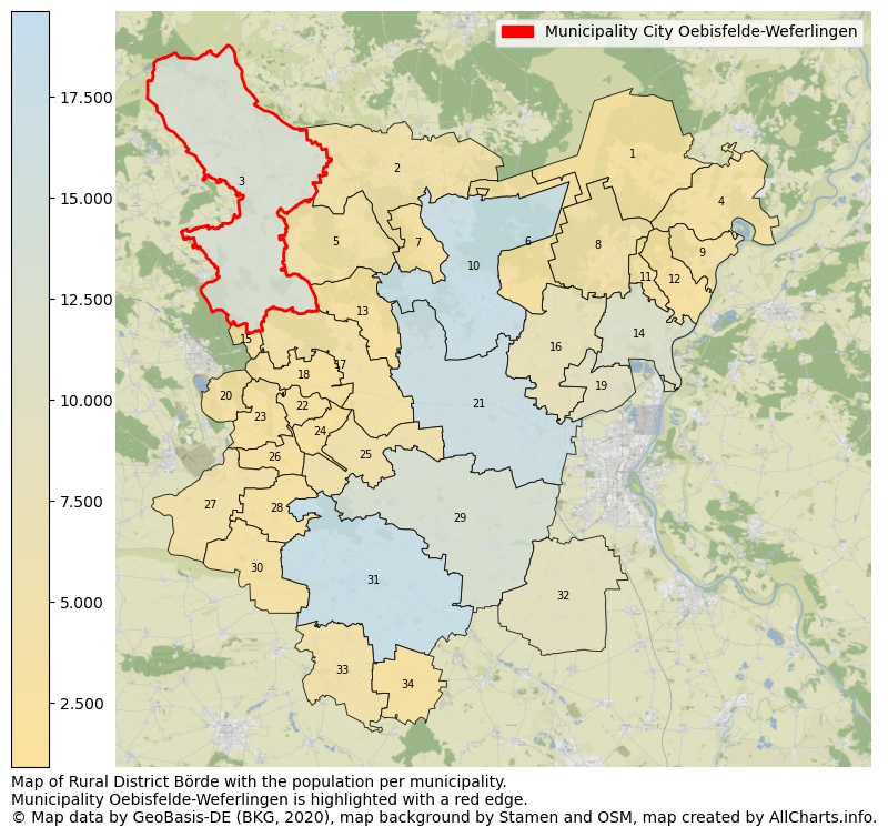 Map of Rural district Börde with the population per municipality.Municipality Oebisfelde-Weferlingen is highlighted with a red edge.. This page shows a lot of information about residents (such as the distribution by age groups, family composition, gender, native or German with an immigration background, ...), homes (numbers, types, price development, use, type of property, ...) and more (car ownership, energy consumption, ...) based on open data from the German Federal Agency for Cartography, the Federal Statistical Office (DESTATIS), the Regional Statistical Offices and various other sources!