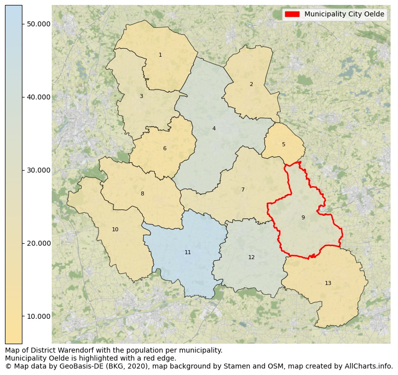 Map of District Warendorf with the population per municipality.Municipality Oelde is highlighted with a red edge.. This page shows a lot of information about residents (such as the distribution by age groups, family composition, gender, native or German with an immigration background, ...), homes (numbers, types, price development, use, type of property, ...) and more (car ownership, energy consumption, ...) based on open data from the German Federal Agency for Cartography, the Federal Statistical Office (DESTATIS), the Regional Statistical Offices and various other sources!