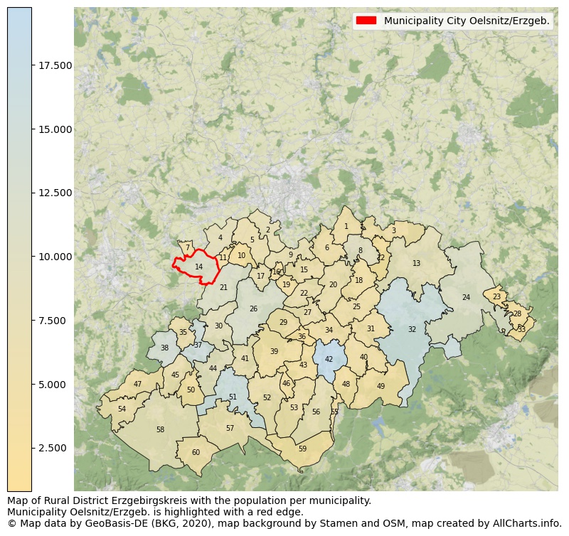 Map of Rural district Erzgebirgskreis with the population per municipality.Municipality Oelsnitz/Erzgeb. is highlighted with a red edge.. This page shows a lot of information about residents (such as the distribution by age groups, family composition, gender, native or German with an immigration background, ...), homes (numbers, types, price development, use, type of property, ...) and more (car ownership, energy consumption, ...) based on open data from the German Federal Agency for Cartography, the Federal Statistical Office (DESTATIS), the Regional Statistical Offices and various other sources!
