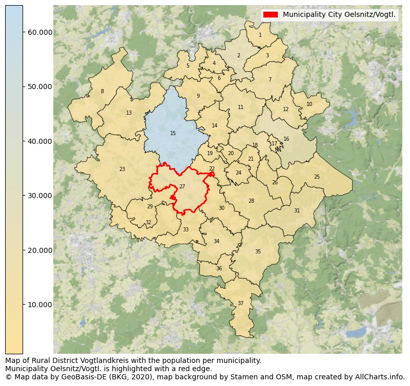 Map of Rural district Vogtlandkreis with the population per municipality.Municipality Oelsnitz/Vogtl. is highlighted with a red edge.. This page shows a lot of information about residents (such as the distribution by age groups, family composition, gender, native or German with an immigration background, ...), homes (numbers, types, price development, use, type of property, ...) and more (car ownership, energy consumption, ...) based on open data from the German Federal Agency for Cartography, the Federal Statistical Office (DESTATIS), the Regional Statistical Offices and various other sources!