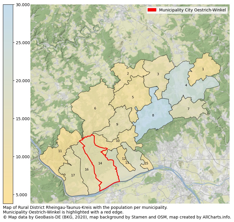 Map of Rural district Rheingau-Taunus-Kreis with the population per municipality.Municipality Oestrich-Winkel is highlighted with a red edge.. This page shows a lot of information about residents (such as the distribution by age groups, family composition, gender, native or German with an immigration background, ...), homes (numbers, types, price development, use, type of property, ...) and more (car ownership, energy consumption, ...) based on open data from the German Federal Agency for Cartography, the Federal Statistical Office (DESTATIS), the Regional Statistical Offices and various other sources!