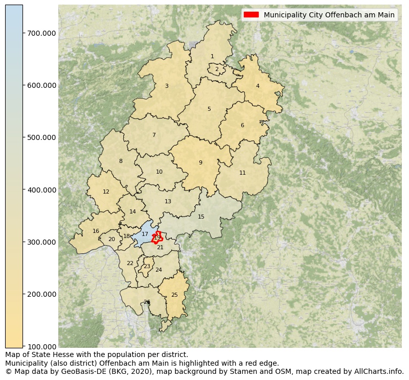 Map of State Hesse with the population per district.Municipality (also district) Offenbach am Main is highlighted with a red edge.. This page shows a lot of information about residents (such as the distribution by age groups, family composition, gender, native or German with an immigration background, ...), homes (numbers, types, price development, use, type of property, ...) and more (car ownership, energy consumption, ...) based on open data from the German Federal Agency for Cartography, the Federal Statistical Office (DESTATIS), the Regional Statistical Offices and various other sources!