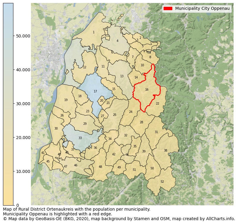 Map of Rural district Ortenaukreis with the population per municipality.Municipality Oppenau is highlighted with a red edge.. This page shows a lot of information about residents (such as the distribution by age groups, family composition, gender, native or German with an immigration background, ...), homes (numbers, types, price development, use, type of property, ...) and more (car ownership, energy consumption, ...) based on open data from the German Federal Agency for Cartography, the Federal Statistical Office (DESTATIS), the Regional Statistical Offices and various other sources!