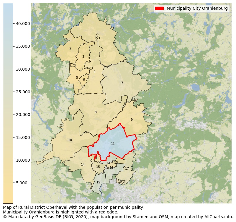 Map of Rural district Oberhavel with the population per municipality.Municipality Oranienburg is highlighted with a red edge.. This page shows a lot of information about residents (such as the distribution by age groups, family composition, gender, native or German with an immigration background, ...), homes (numbers, types, price development, use, type of property, ...) and more (car ownership, energy consumption, ...) based on open data from the German Federal Agency for Cartography, the Federal Statistical Office (DESTATIS), the Regional Statistical Offices and various other sources!