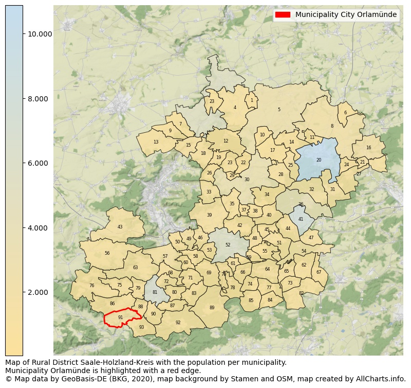 Map of Rural district Saale-Holzland-Kreis with the population per municipality.Municipality Orlamünde is highlighted with a red edge.. This page shows a lot of information about residents (such as the distribution by age groups, family composition, gender, native or German with an immigration background, ...), homes (numbers, types, price development, use, type of property, ...) and more (car ownership, energy consumption, ...) based on open data from the German Federal Agency for Cartography, the Federal Statistical Office (DESTATIS), the Regional Statistical Offices and various other sources!