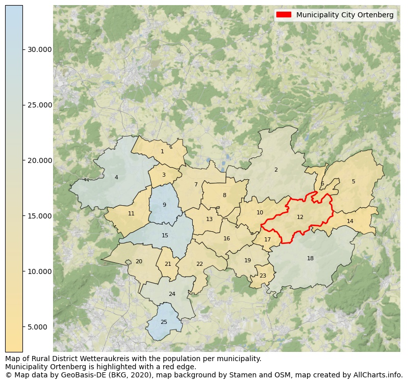 Map of Rural district Wetteraukreis with the population per municipality.Municipality Ortenberg is highlighted with a red edge.. This page shows a lot of information about residents (such as the distribution by age groups, family composition, gender, native or German with an immigration background, ...), homes (numbers, types, price development, use, type of property, ...) and more (car ownership, energy consumption, ...) based on open data from the German Federal Agency for Cartography, the Federal Statistical Office (DESTATIS), the Regional Statistical Offices and various other sources!