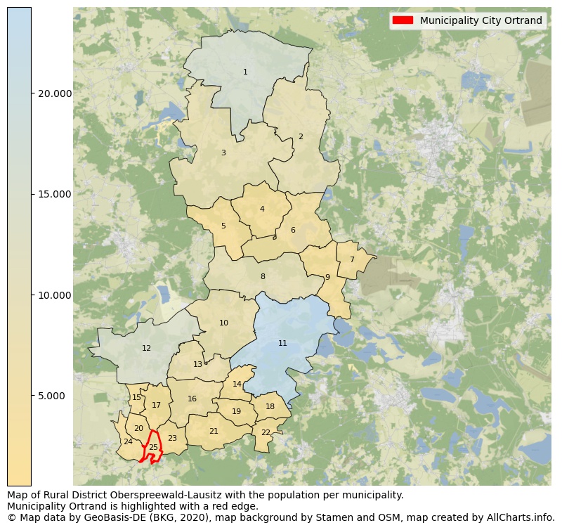 Map of Rural district Oberspreewald-Lausitz with the population per municipality.Municipality Ortrand is highlighted with a red edge.. This page shows a lot of information about residents (such as the distribution by age groups, family composition, gender, native or German with an immigration background, ...), homes (numbers, types, price development, use, type of property, ...) and more (car ownership, energy consumption, ...) based on open data from the German Federal Agency for Cartography, the Federal Statistical Office (DESTATIS), the Regional Statistical Offices and various other sources!