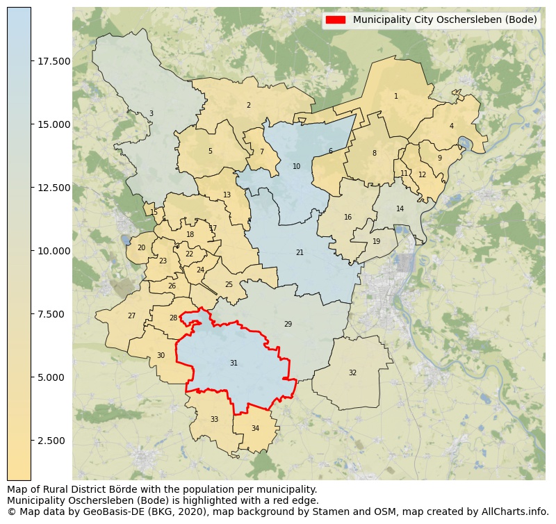Map of Rural district Börde with the population per municipality.Municipality Oschersleben (Bode) is highlighted with a red edge.. This page shows a lot of information about residents (such as the distribution by age groups, family composition, gender, native or German with an immigration background, ...), homes (numbers, types, price development, use, type of property, ...) and more (car ownership, energy consumption, ...) based on open data from the German Federal Agency for Cartography, the Federal Statistical Office (DESTATIS), the Regional Statistical Offices and various other sources!