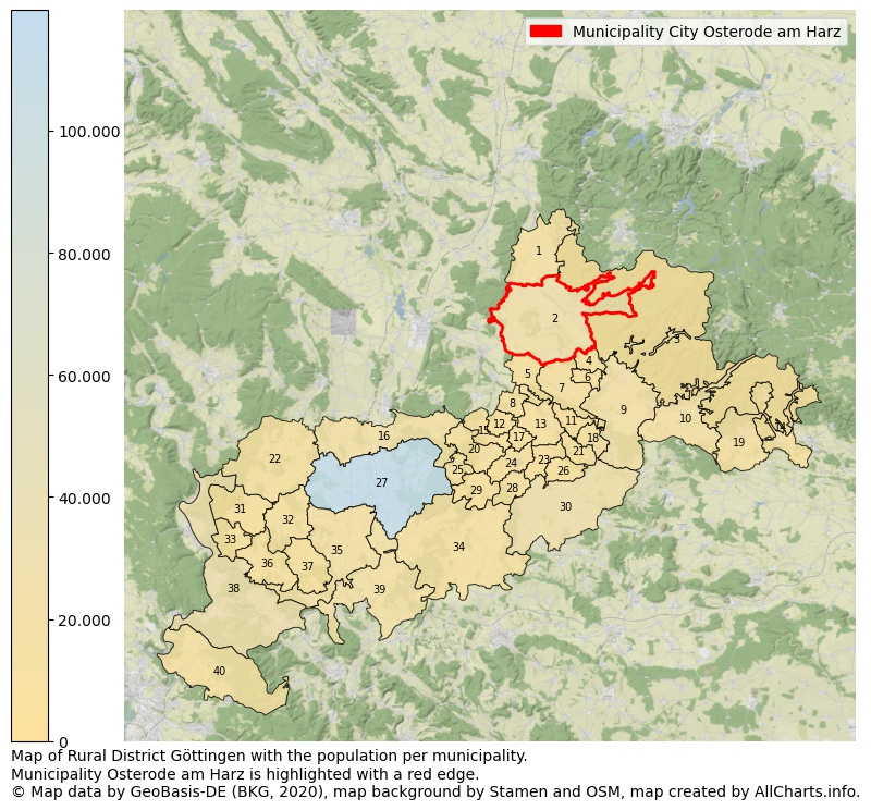Map of Rural district Göttingen with the population per municipality.Municipality Osterode am Harz is highlighted with a red edge.. This page shows a lot of information about residents (such as the distribution by age groups, family composition, gender, native or German with an immigration background, ...), homes (numbers, types, price development, use, type of property, ...) and more (car ownership, energy consumption, ...) based on open data from the German Federal Agency for Cartography, the Federal Statistical Office (DESTATIS), the Regional Statistical Offices and various other sources!