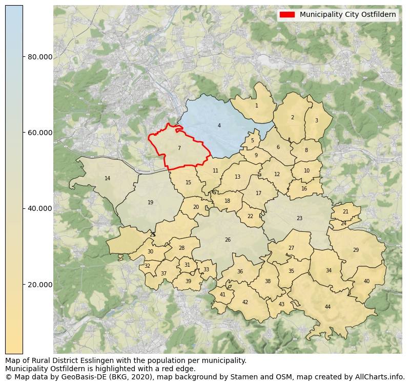 Map of Rural district Esslingen with the population per municipality.Municipality Ostfildern is highlighted with a red edge.. This page shows a lot of information about residents (such as the distribution by age groups, family composition, gender, native or German with an immigration background, ...), homes (numbers, types, price development, use, type of property, ...) and more (car ownership, energy consumption, ...) based on open data from the German Federal Agency for Cartography, the Federal Statistical Office (DESTATIS), the Regional Statistical Offices and various other sources!