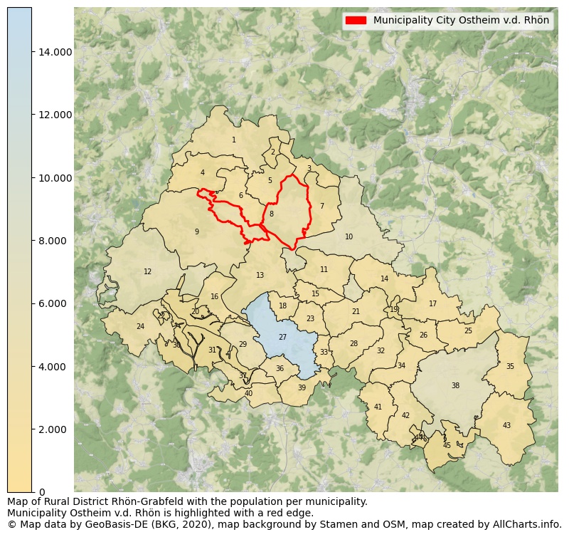 Map of Rural district Rhön-Grabfeld with the population per municipality.Municipality Ostheim v.d. Rhön is highlighted with a red edge.. This page shows a lot of information about residents (such as the distribution by age groups, family composition, gender, native or German with an immigration background, ...), homes (numbers, types, price development, use, type of property, ...) and more (car ownership, energy consumption, ...) based on open data from the German Federal Agency for Cartography, the Federal Statistical Office (DESTATIS), the Regional Statistical Offices and various other sources!