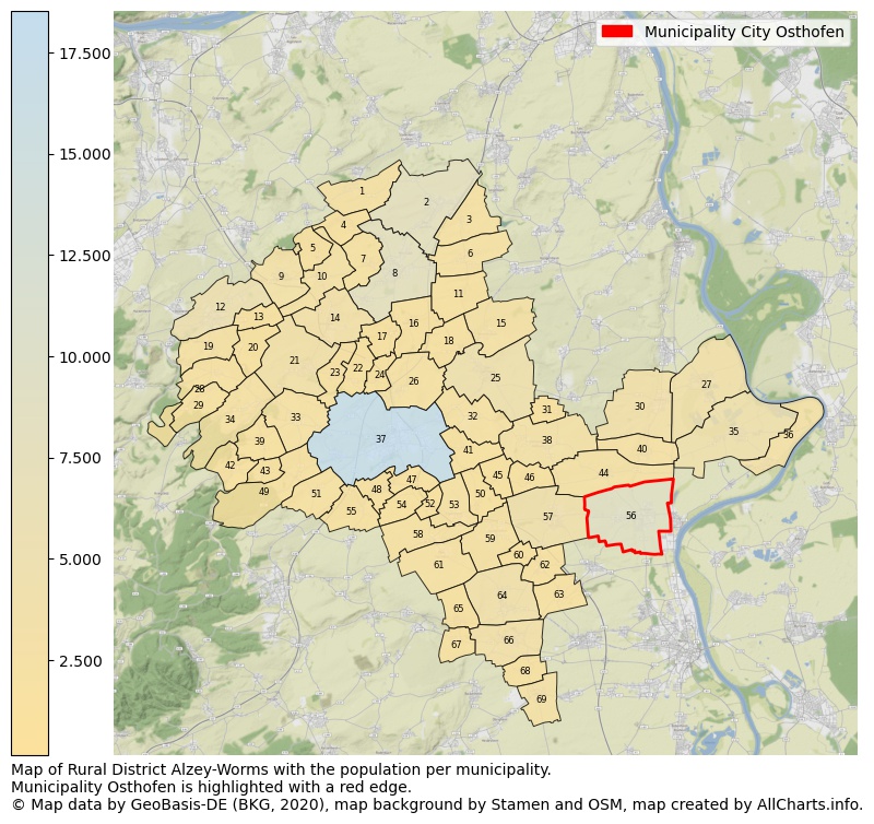 Map of Rural district Alzey-Worms with the population per municipality.Municipality Osthofen is highlighted with a red edge.. This page shows a lot of information about residents (such as the distribution by age groups, family composition, gender, native or German with an immigration background, ...), homes (numbers, types, price development, use, type of property, ...) and more (car ownership, energy consumption, ...) based on open data from the German Federal Agency for Cartography, the Federal Statistical Office (DESTATIS), the Regional Statistical Offices and various other sources!