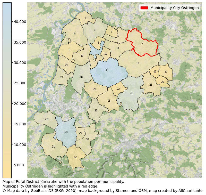 Map of Rural district Karlsruhe with the population per municipality.Municipality Östringen is highlighted with a red edge.. This page shows a lot of information about residents (such as the distribution by age groups, family composition, gender, native or German with an immigration background, ...), homes (numbers, types, price development, use, type of property, ...) and more (car ownership, energy consumption, ...) based on open data from the German Federal Agency for Cartography, the Federal Statistical Office (DESTATIS), the Regional Statistical Offices and various other sources!