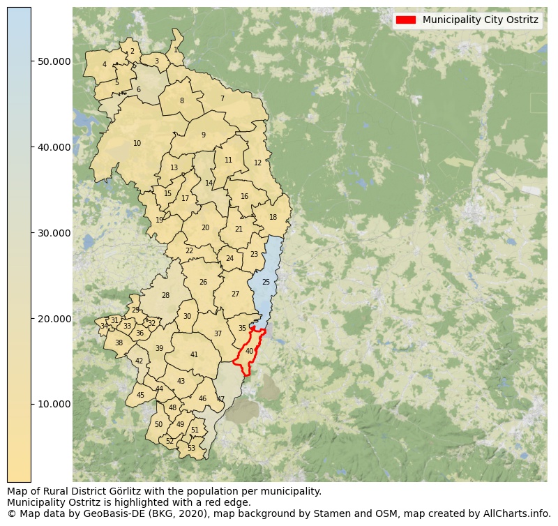 Map of Rural district Görlitz with the population per municipality.Municipality Ostritz is highlighted with a red edge.. This page shows a lot of information about residents (such as the distribution by age groups, family composition, gender, native or German with an immigration background, ...), homes (numbers, types, price development, use, type of property, ...) and more (car ownership, energy consumption, ...) based on open data from the German Federal Agency for Cartography, the Federal Statistical Office (DESTATIS), the Regional Statistical Offices and various other sources!