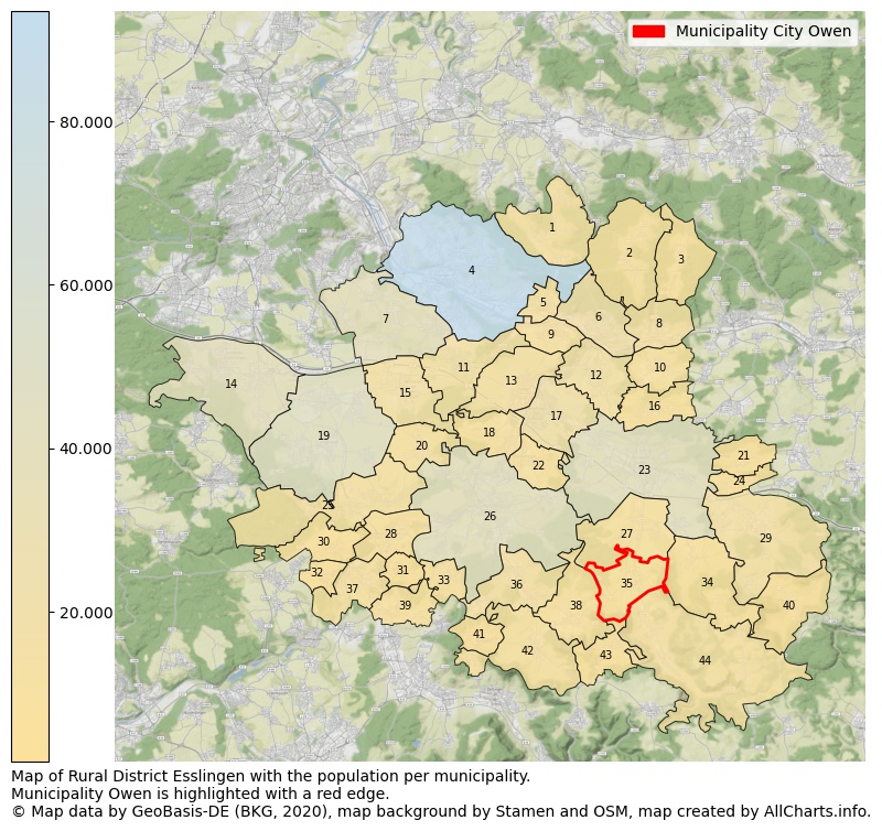 Map of Rural district Esslingen with the population per municipality.Municipality Owen is highlighted with a red edge.. This page shows a lot of information about residents (such as the distribution by age groups, family composition, gender, native or German with an immigration background, ...), homes (numbers, types, price development, use, type of property, ...) and more (car ownership, energy consumption, ...) based on open data from the German Federal Agency for Cartography, the Federal Statistical Office (DESTATIS), the Regional Statistical Offices and various other sources!