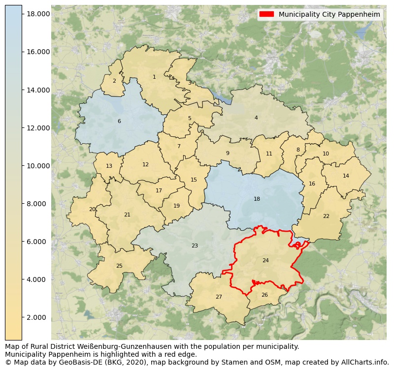 Map of Rural district Weißenburg-Gunzenhausen with the population per municipality.Municipality Pappenheim is highlighted with a red edge.. This page shows a lot of information about residents (such as the distribution by age groups, family composition, gender, native or German with an immigration background, ...), homes (numbers, types, price development, use, type of property, ...) and more (car ownership, energy consumption, ...) based on open data from the German Federal Agency for Cartography, the Federal Statistical Office (DESTATIS), the Regional Statistical Offices and various other sources!