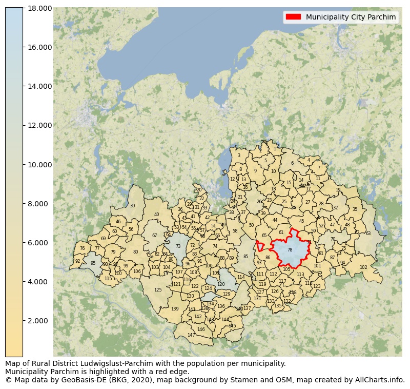 Map of Rural district Ludwigslust-Parchim with the population per municipality.Municipality Parchim is highlighted with a red edge.. This page shows a lot of information about residents (such as the distribution by age groups, family composition, gender, native or German with an immigration background, ...), homes (numbers, types, price development, use, type of property, ...) and more (car ownership, energy consumption, ...) based on open data from the German Federal Agency for Cartography, the Federal Statistical Office (DESTATIS), the Regional Statistical Offices and various other sources!