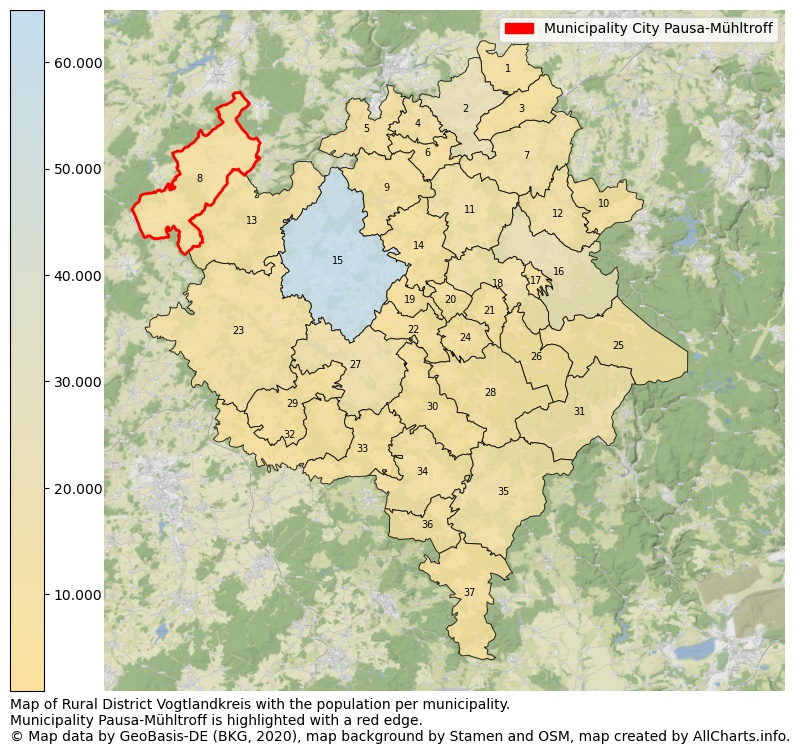 Map of Rural district Vogtlandkreis with the population per municipality.Municipality Pausa-Mühltroff is highlighted with a red edge.. This page shows a lot of information about residents (such as the distribution by age groups, family composition, gender, native or German with an immigration background, ...), homes (numbers, types, price development, use, type of property, ...) and more (car ownership, energy consumption, ...) based on open data from the German Federal Agency for Cartography, the Federal Statistical Office (DESTATIS), the Regional Statistical Offices and various other sources!