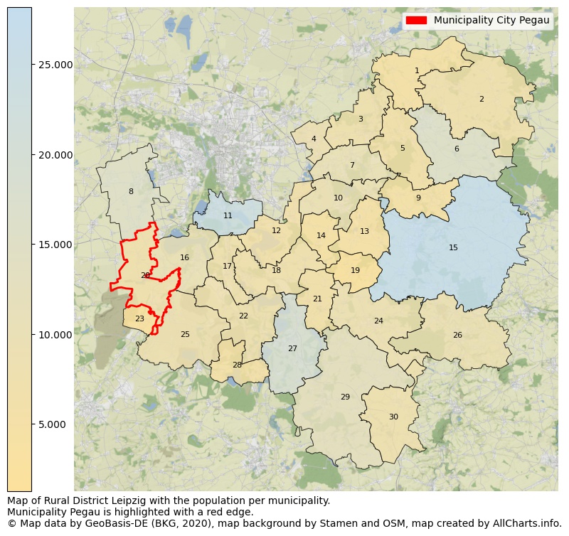 Map of Rural district Leipzig with the population per municipality.Municipality Pegau is highlighted with a red edge.. This page shows a lot of information about residents (such as the distribution by age groups, family composition, gender, native or German with an immigration background, ...), homes (numbers, types, price development, use, type of property, ...) and more (car ownership, energy consumption, ...) based on open data from the German Federal Agency for Cartography, the Federal Statistical Office (DESTATIS), the Regional Statistical Offices and various other sources!