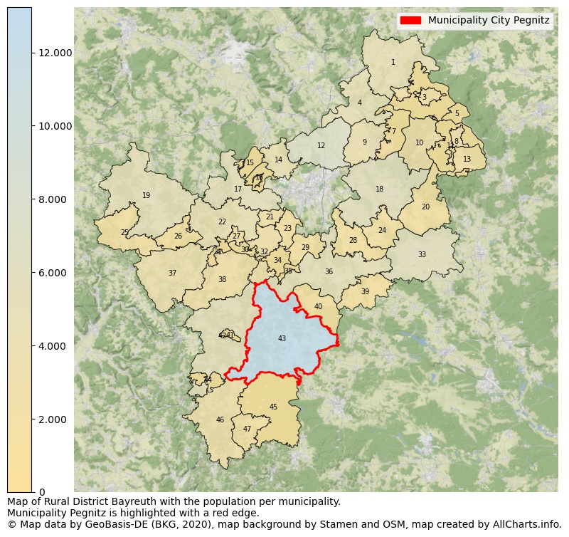Map of Rural district Bayreuth with the population per municipality.Municipality Pegnitz is highlighted with a red edge.. This page shows a lot of information about residents (such as the distribution by age groups, family composition, gender, native or German with an immigration background, ...), homes (numbers, types, price development, use, type of property, ...) and more (car ownership, energy consumption, ...) based on open data from the German Federal Agency for Cartography, the Federal Statistical Office (DESTATIS), the Regional Statistical Offices and various other sources!