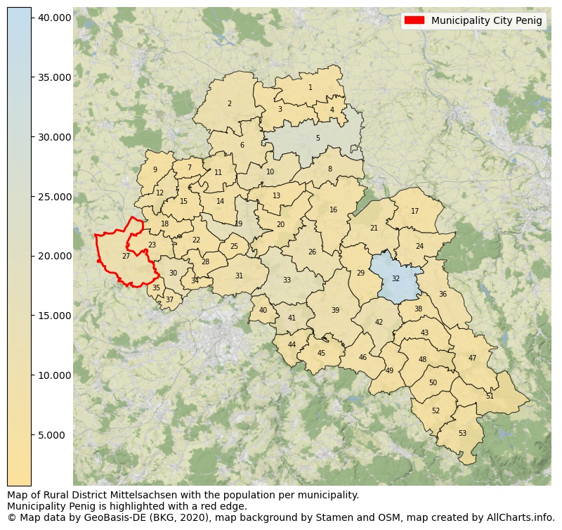 Map of Rural district Mittelsachsen with the population per municipality.Municipality Penig is highlighted with a red edge.. This page shows a lot of information about residents (such as the distribution by age groups, family composition, gender, native or German with an immigration background, ...), homes (numbers, types, price development, use, type of property, ...) and more (car ownership, energy consumption, ...) based on open data from the German Federal Agency for Cartography, the Federal Statistical Office (DESTATIS), the Regional Statistical Offices and various other sources!