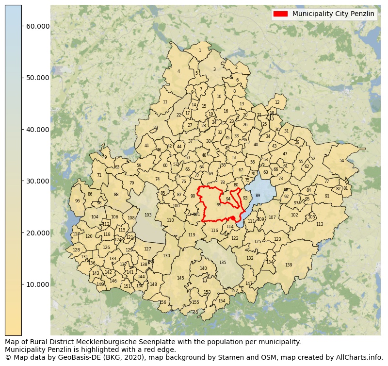 Map of Rural district Mecklenburgische Seenplatte with the population per municipality.Municipality Penzlin is highlighted with a red edge.. This page shows a lot of information about residents (such as the distribution by age groups, family composition, gender, native or German with an immigration background, ...), homes (numbers, types, price development, use, type of property, ...) and more (car ownership, energy consumption, ...) based on open data from the German Federal Agency for Cartography, the Federal Statistical Office (DESTATIS), the Regional Statistical Offices and various other sources!