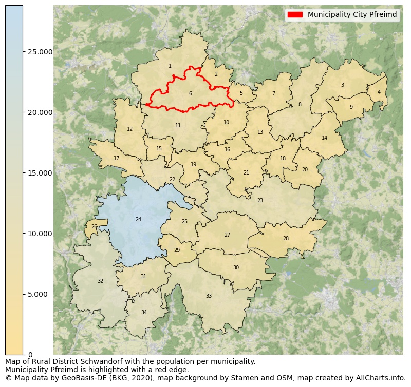 Map of Rural district Schwandorf with the population per municipality.Municipality Pfreimd is highlighted with a red edge.. This page shows a lot of information about residents (such as the distribution by age groups, family composition, gender, native or German with an immigration background, ...), homes (numbers, types, price development, use, type of property, ...) and more (car ownership, energy consumption, ...) based on open data from the German Federal Agency for Cartography, the Federal Statistical Office (DESTATIS), the Regional Statistical Offices and various other sources!