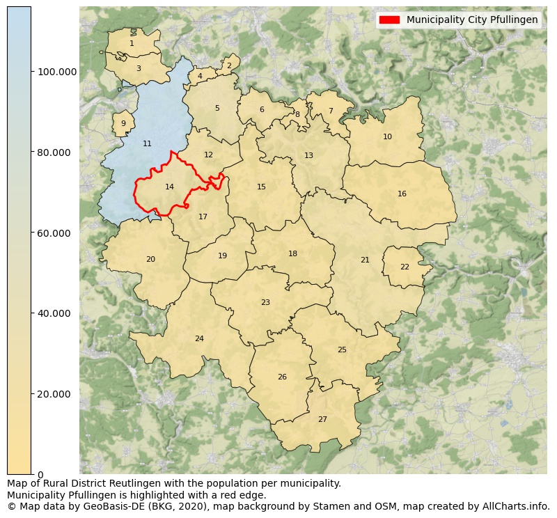 Map of Rural district Reutlingen with the population per municipality.Municipality Pfullingen is highlighted with a red edge.. This page shows a lot of information about residents (such as the distribution by age groups, family composition, gender, native or German with an immigration background, ...), homes (numbers, types, price development, use, type of property, ...) and more (car ownership, energy consumption, ...) based on open data from the German Federal Agency for Cartography, the Federal Statistical Office (DESTATIS), the Regional Statistical Offices and various other sources!