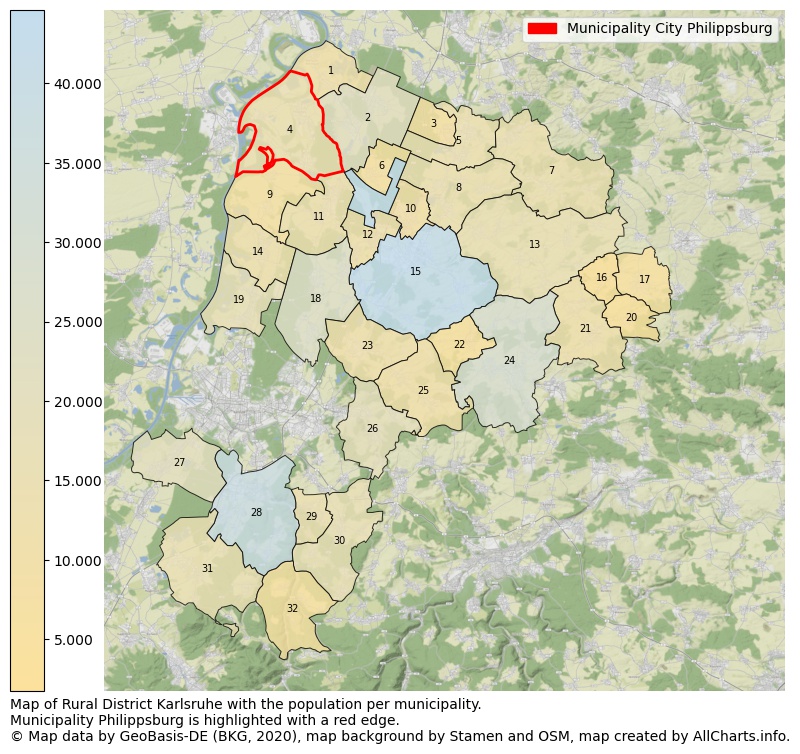Map of Rural district Karlsruhe with the population per municipality.Municipality Philippsburg is highlighted with a red edge.. This page shows a lot of information about residents (such as the distribution by age groups, family composition, gender, native or German with an immigration background, ...), homes (numbers, types, price development, use, type of property, ...) and more (car ownership, energy consumption, ...) based on open data from the German Federal Agency for Cartography, the Federal Statistical Office (DESTATIS), the Regional Statistical Offices and various other sources!