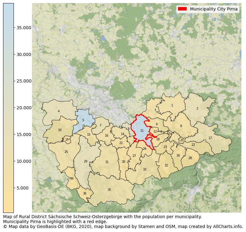 Map of Rural district Sächsische Schweiz-Osterzgebirge with the population per municipality.Municipality Pirna is highlighted with a red edge.. This page shows a lot of information about residents (such as the distribution by age groups, family composition, gender, native or German with an immigration background, ...), homes (numbers, types, price development, use, type of property, ...) and more (car ownership, energy consumption, ...) based on open data from the German Federal Agency for Cartography, the Federal Statistical Office (DESTATIS), the Regional Statistical Offices and various other sources!
