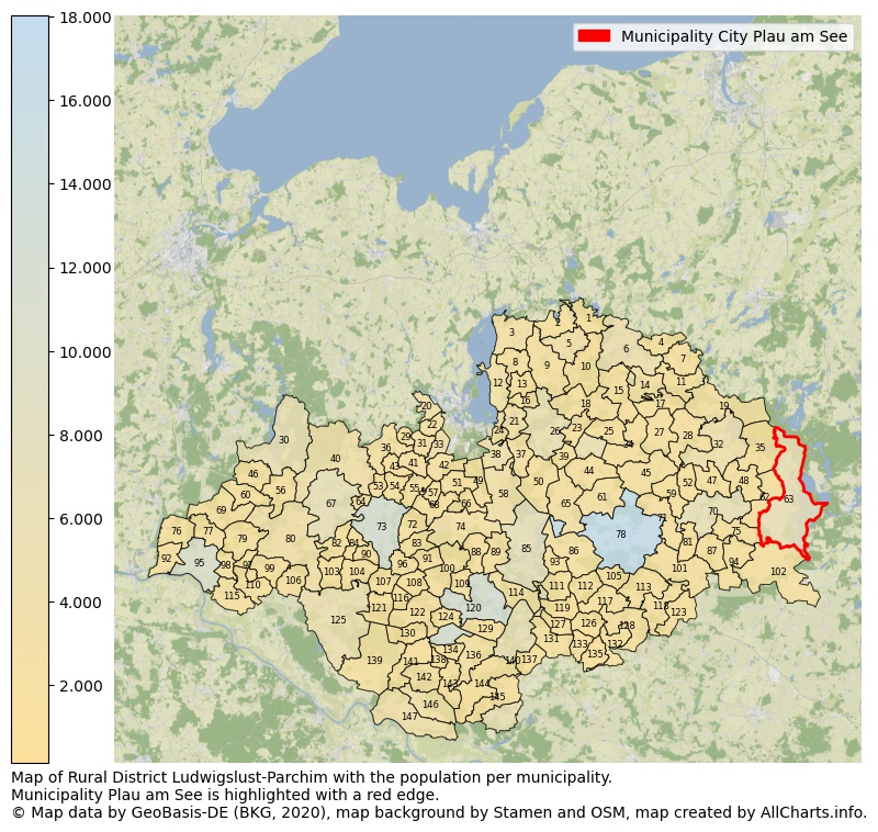 Map of Rural district Ludwigslust-Parchim with the population per municipality.Municipality Plau am See is highlighted with a red edge.. This page shows a lot of information about residents (such as the distribution by age groups, family composition, gender, native or German with an immigration background, ...), homes (numbers, types, price development, use, type of property, ...) and more (car ownership, energy consumption, ...) based on open data from the German Federal Agency for Cartography, the Federal Statistical Office (DESTATIS), the Regional Statistical Offices and various other sources!