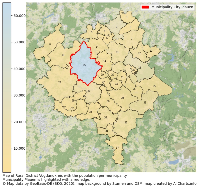 Map of Rural district Vogtlandkreis with the population per municipality.Municipality Plauen is highlighted with a red edge.. This page shows a lot of information about residents (such as the distribution by age groups, family composition, gender, native or German with an immigration background, ...), homes (numbers, types, price development, use, type of property, ...) and more (car ownership, energy consumption, ...) based on open data from the German Federal Agency for Cartography, the Federal Statistical Office (DESTATIS), the Regional Statistical Offices and various other sources!