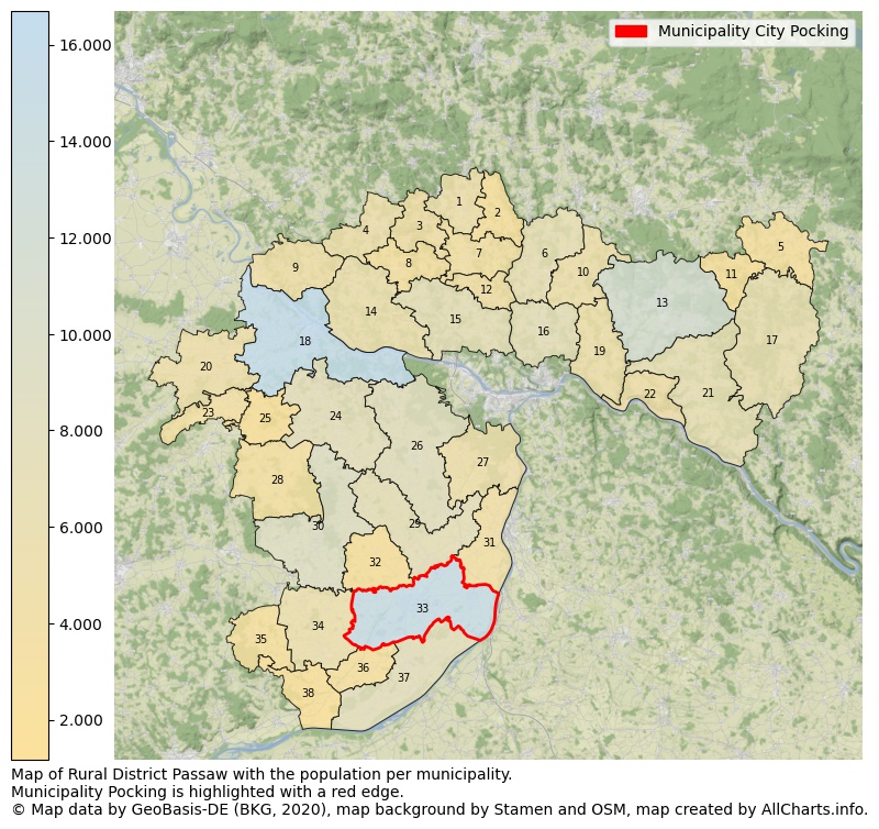 Map of Rural district Passaw with the population per municipality.Municipality Pocking is highlighted with a red edge.. This page shows a lot of information about residents (such as the distribution by age groups, family composition, gender, native or German with an immigration background, ...), homes (numbers, types, price development, use, type of property, ...) and more (car ownership, energy consumption, ...) based on open data from the German Federal Agency for Cartography, the Federal Statistical Office (DESTATIS), the Regional Statistical Offices and various other sources!