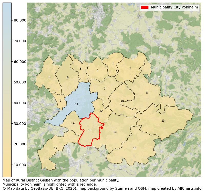 Map of Rural district Gießen with the population per municipality.Municipality Pohlheim is highlighted with a red edge.. This page shows a lot of information about residents (such as the distribution by age groups, family composition, gender, native or German with an immigration background, ...), homes (numbers, types, price development, use, type of property, ...) and more (car ownership, energy consumption, ...) based on open data from the German Federal Agency for Cartography, the Federal Statistical Office (DESTATIS), the Regional Statistical Offices and various other sources!