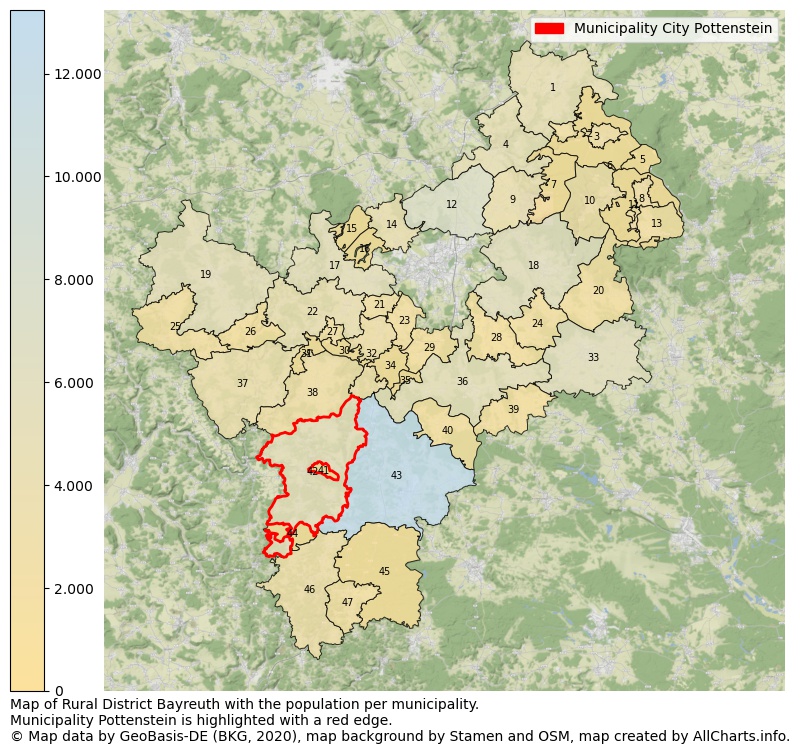 Map of Rural district Bayreuth with the population per municipality.Municipality Pottenstein is highlighted with a red edge.. This page shows a lot of information about residents (such as the distribution by age groups, family composition, gender, native or German with an immigration background, ...), homes (numbers, types, price development, use, type of property, ...) and more (car ownership, energy consumption, ...) based on open data from the German Federal Agency for Cartography, the Federal Statistical Office (DESTATIS), the Regional Statistical Offices and various other sources!