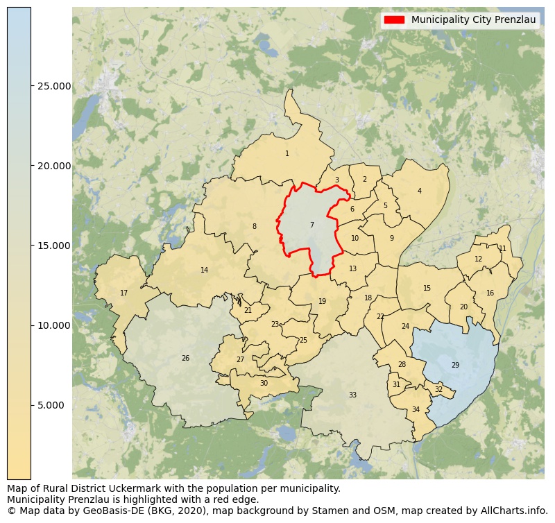 Map of Rural district Uckermark with the population per municipality.Municipality Prenzlau is highlighted with a red edge.. This page shows a lot of information about residents (such as the distribution by age groups, family composition, gender, native or German with an immigration background, ...), homes (numbers, types, price development, use, type of property, ...) and more (car ownership, energy consumption, ...) based on open data from the German Federal Agency for Cartography, the Federal Statistical Office (DESTATIS), the Regional Statistical Offices and various other sources!