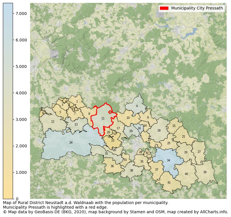 Map of Rural district Neustadt a.d. Waldnaab with the population per municipality.Municipality Pressath is highlighted with a red edge.. This page shows a lot of information about residents (such as the distribution by age groups, family composition, gender, native or German with an immigration background, ...), homes (numbers, types, price development, use, type of property, ...) and more (car ownership, energy consumption, ...) based on open data from the German Federal Agency for Cartography, the Federal Statistical Office (DESTATIS), the Regional Statistical Offices and various other sources!