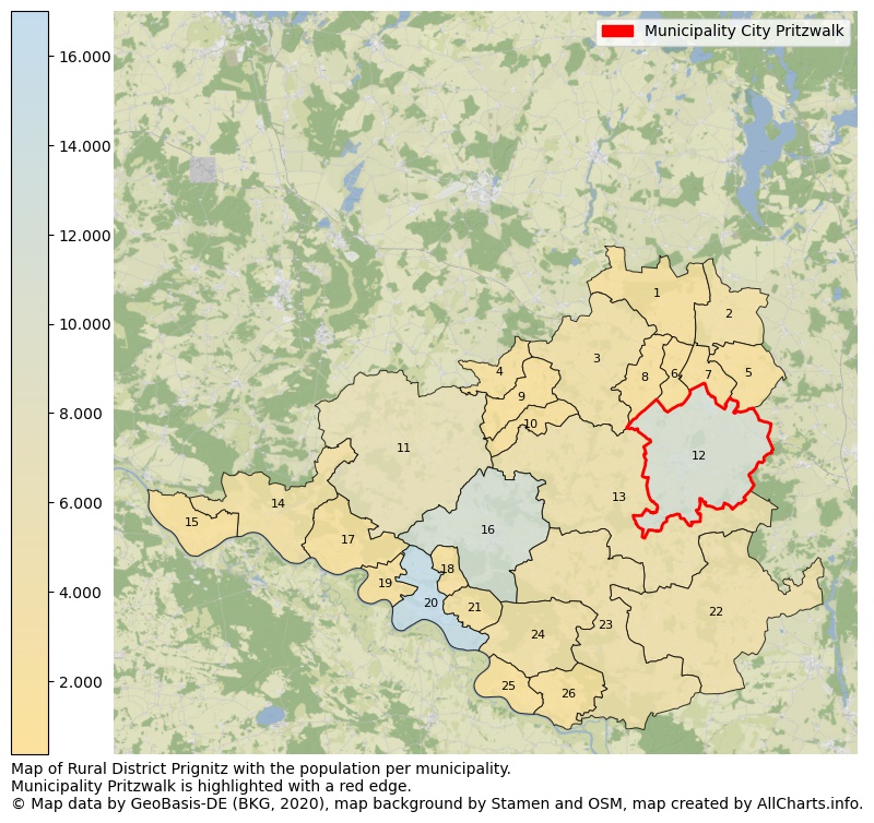 Map of Rural district Prignitz with the population per municipality.Municipality Pritzwalk is highlighted with a red edge.. This page shows a lot of information about residents (such as the distribution by age groups, family composition, gender, native or German with an immigration background, ...), homes (numbers, types, price development, use, type of property, ...) and more (car ownership, energy consumption, ...) based on open data from the German Federal Agency for Cartography, the Federal Statistical Office (DESTATIS), the Regional Statistical Offices and various other sources!