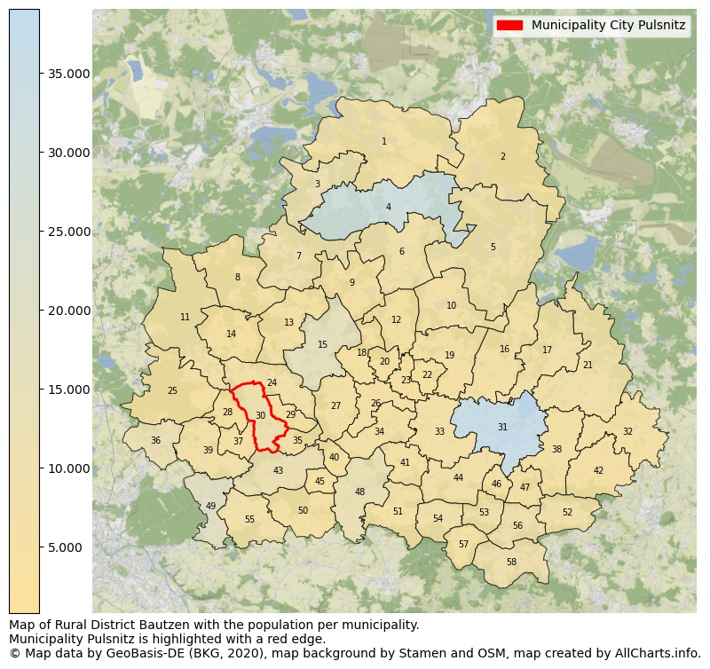 Map of Rural district Bautzen with the population per municipality.Municipality Pulsnitz is highlighted with a red edge.. This page shows a lot of information about residents (such as the distribution by age groups, family composition, gender, native or German with an immigration background, ...), homes (numbers, types, price development, use, type of property, ...) and more (car ownership, energy consumption, ...) based on open data from the German Federal Agency for Cartography, the Federal Statistical Office (DESTATIS), the Regional Statistical Offices and various other sources!