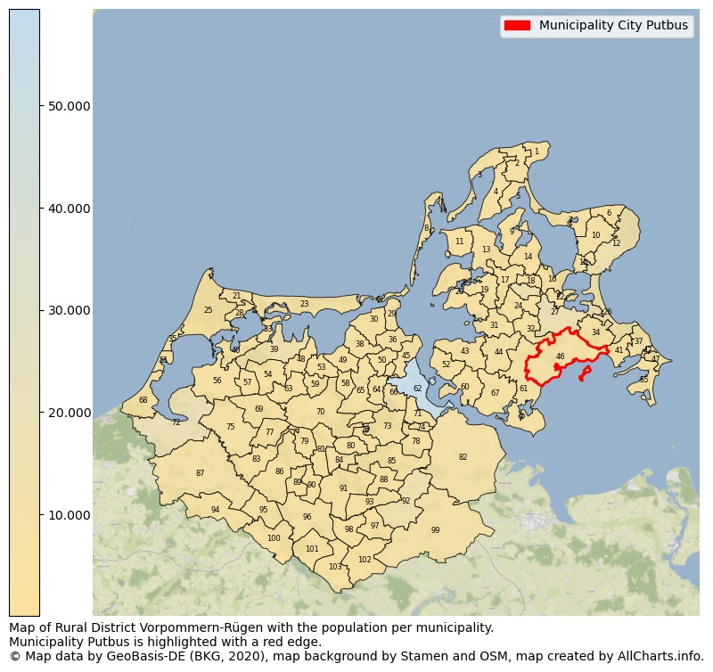 Map of Rural district Vorpommern-Rügen with the population per municipality.Municipality Putbus is highlighted with a red edge.. This page shows a lot of information about residents (such as the distribution by age groups, family composition, gender, native or German with an immigration background, ...), homes (numbers, types, price development, use, type of property, ...) and more (car ownership, energy consumption, ...) based on open data from the German Federal Agency for Cartography, the Federal Statistical Office (DESTATIS), the Regional Statistical Offices and various other sources!